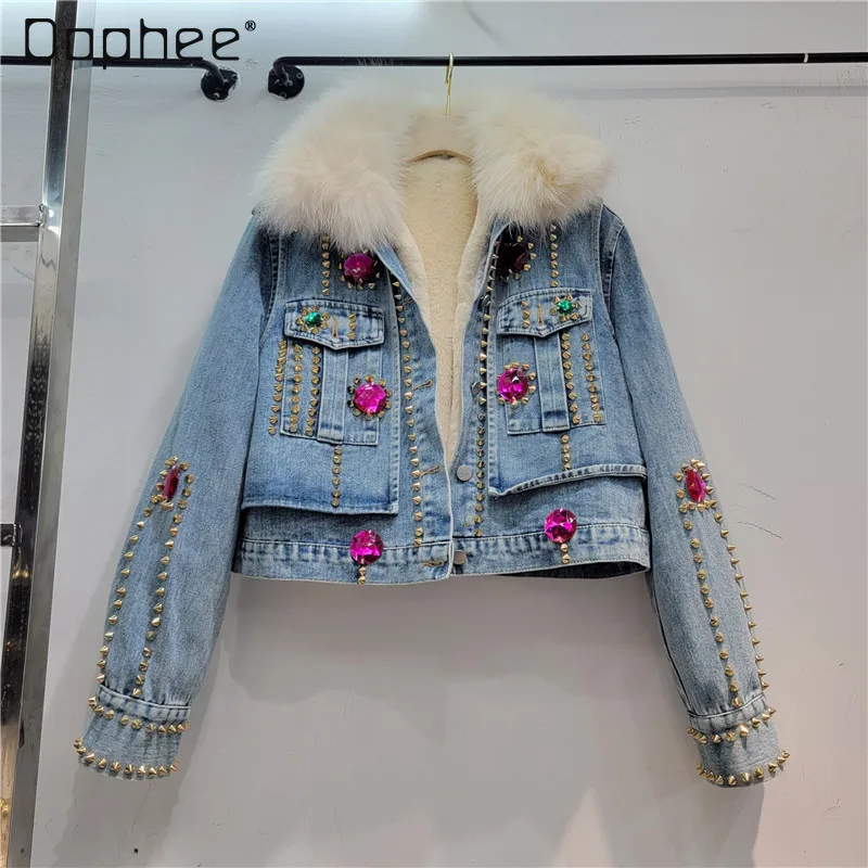 

2023 Winter Heavy Industry Rhinestone Beaded Liner Removable Fleece Thickened Fox Fur Collar Fashion Denim Cotton Coat Female