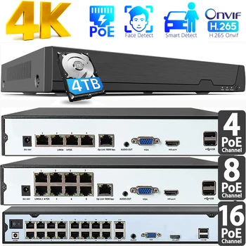 홈 보안 CCTV 시스템용 16CH 4K 8MP PoE NVR 비디오 레코더, 8CH 24/7 녹화, 4CH H.265 ONVIF 얼굴 감지 네트워크 레코더