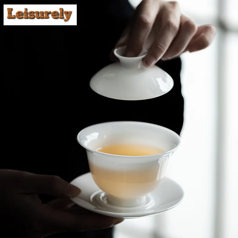 140ml Iced Jade Porcelain Gaiwan Linglong Three Talent Tea Tureen Japanese Tea Making Cover Bowl for Tea Supplies Collection