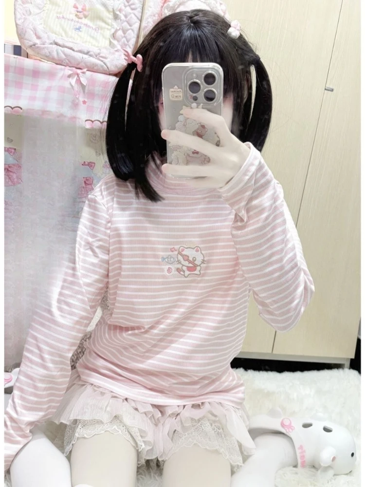 Ezgaga Women T Shirts Sweet Cartoon Cat Embroidery Long Sleeve Striped Turtleneck Neck Basic Autumn Winter Fashion Tops Y2k 3