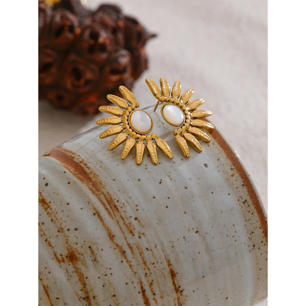 Yhpup Shell Flower Stud Earrings Gold Color 18K Plated Stainless Steel