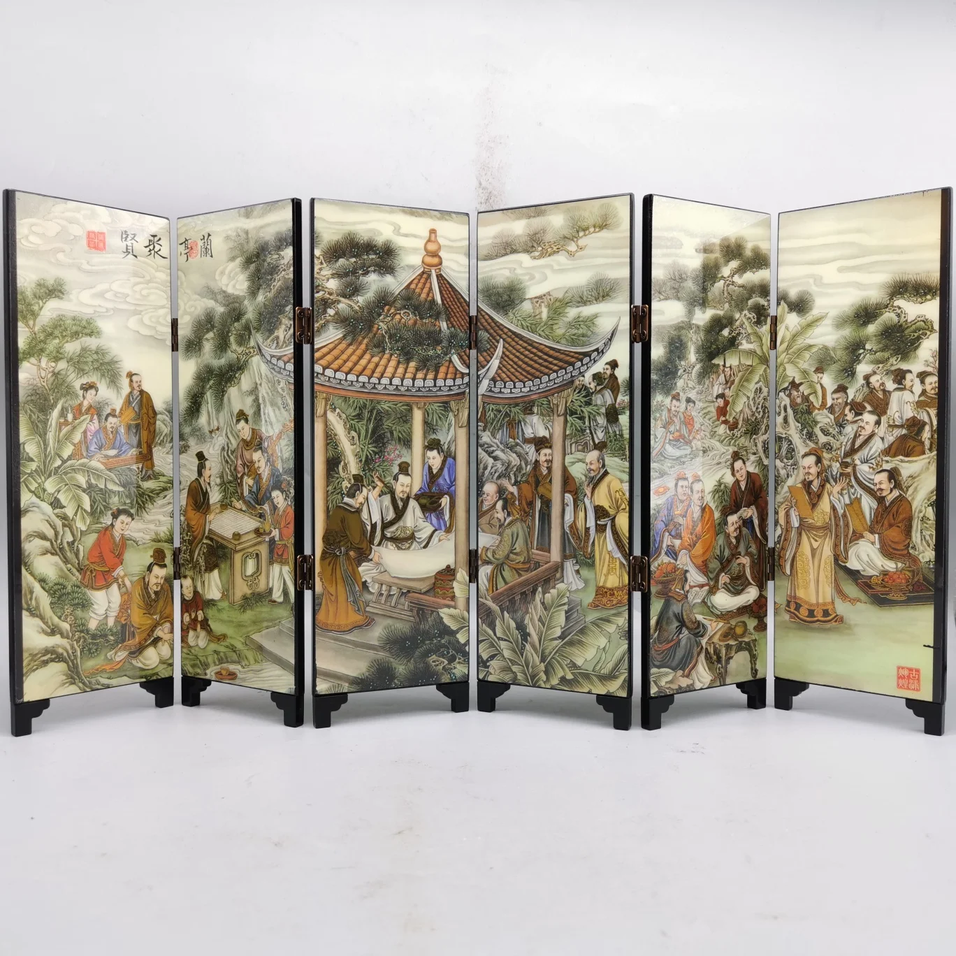 

China Collect Exquisite Wooden Lacquerware Painting “Orchid Pavilion Preface”Small Folding Screens Handicraft Home Decoration