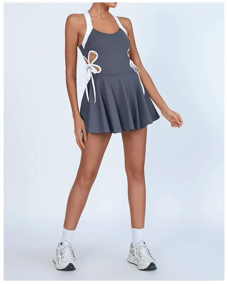 Mermaid Curve Tennis Skirt Yoga Dress with Chest Pad Contrasting Color Hollow with Leggings Anti-running Fitness Skirt