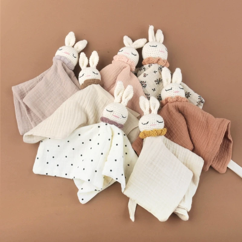 Infant Soother Bib Mood Appease Bib Knitted Rabbit Charm Security Blanket for Boy Girl Multifunction Pacify Handkerchief