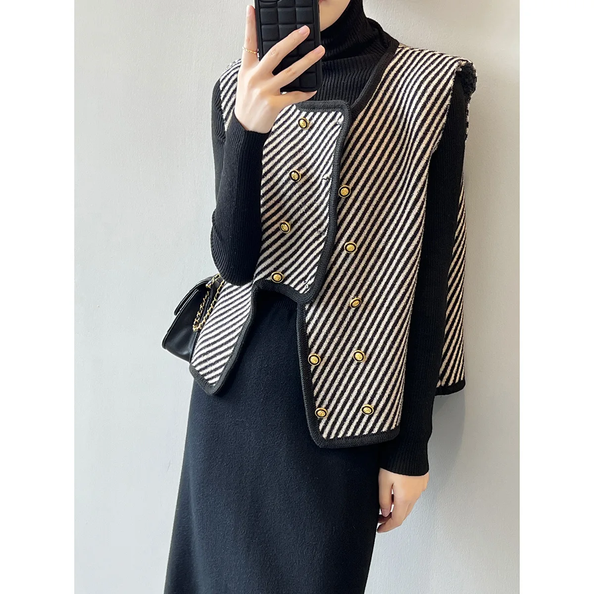 

Women Clothing 2022 Autumn Winter Double Breasted Diagonal Stripe Waistcoat New Fashionable Loose Casual Elegant Jacket Women