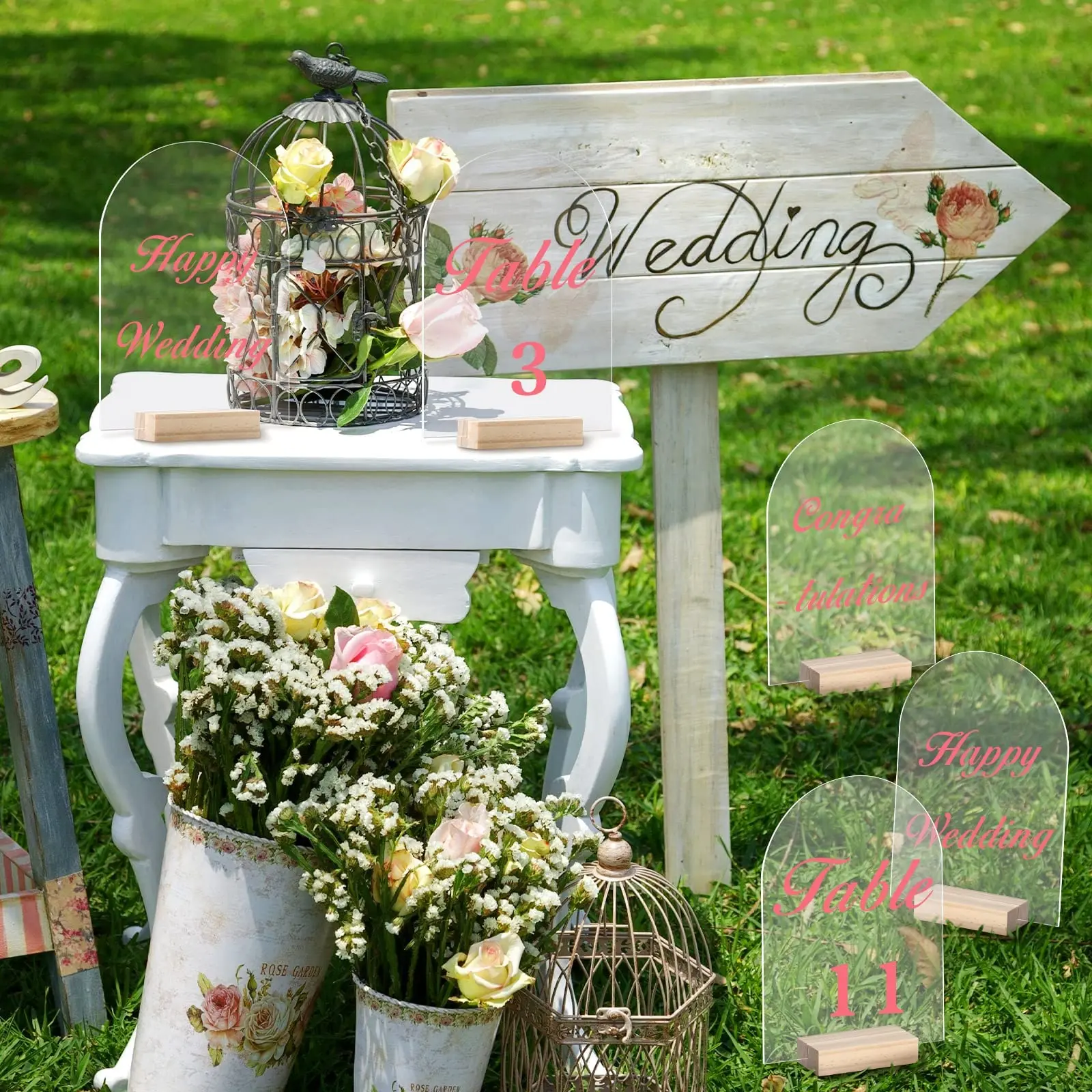 12 개/대 나무 스탠드 홀더와 아크릴 지우기 빈 아치 아크릴 시트 DIY 표지판 테이블 번호 테이블 센터 피스 웨딩 장식