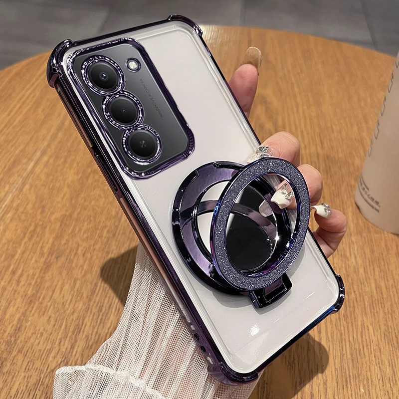 Shockproof Airbag Silicone Phone Case with Plating Finish and Magnetic Makeup Mirror Holder