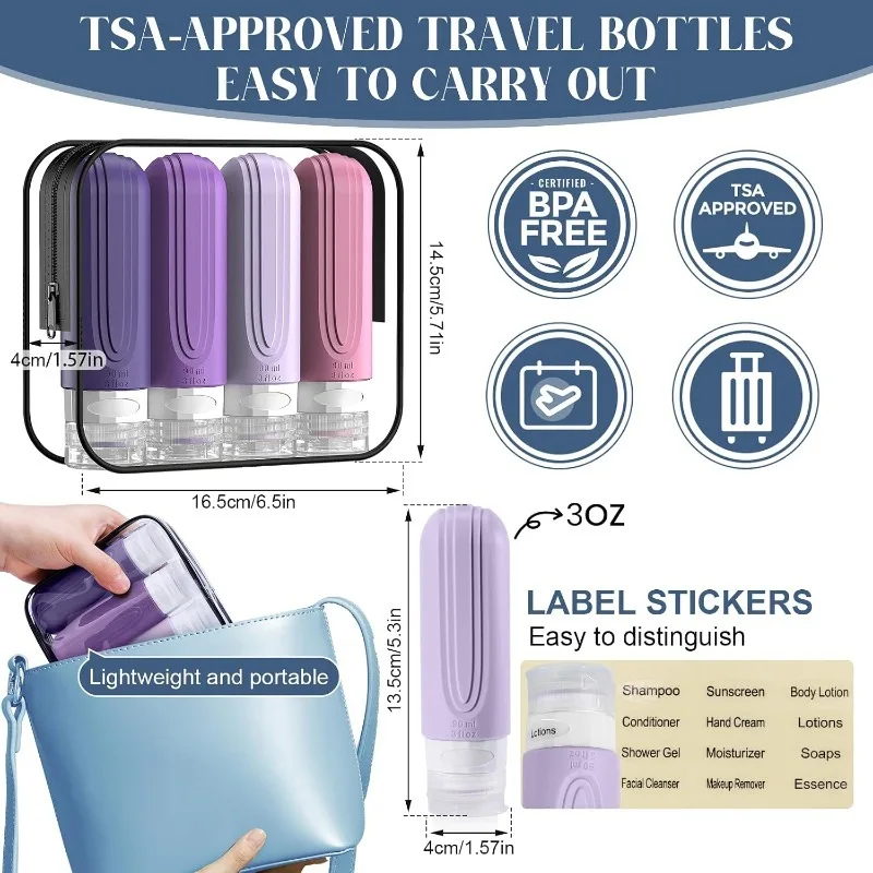 Silicone Travel Toiletries Refillable Leak-Proof Containers Set - 90ml Portable Squeezable Bottles