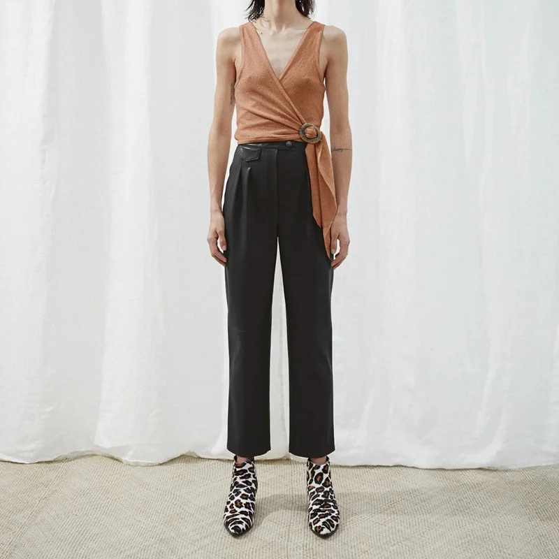 

NANUSHK@ Pants European and American Niche Commuting Casual Versatile Artificial Leather Cropped Pants