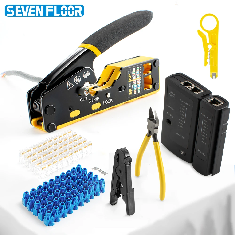 Cat6 패스스루 RJ45 크림프 툴 키트 네트워크 크림퍼, 케이블 테스터, 커터 블레이드, 50개 커넥터 및 스트레인 릴리프 부츠 포함