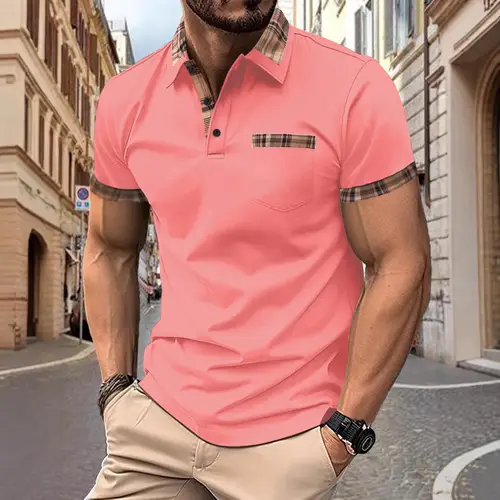 The 2025 Summer New Men's Sporty casual comfortable top is a solid-color patchwork short-sleeved POLO shirt with false pockets - Image 4