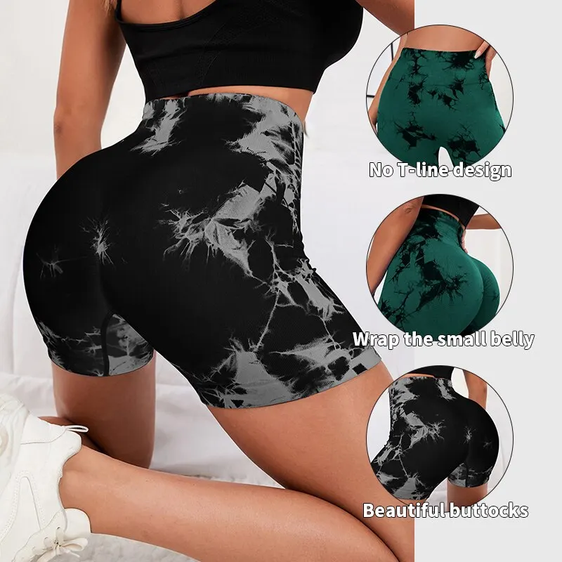 Seamless Tie Dye Style High Waist Quick Dried Fitness Triple Pants Honey Peach Hip Lift Yoga Sports Tight Shorts yoga shorts