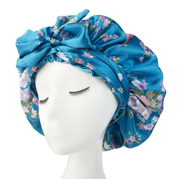 Soft Silky Print Satin Bonnet for Women Large Nightcap with Long Satin Ribbon Tie Band Bonnet Adjustable Wide Band Head Wrap Hat