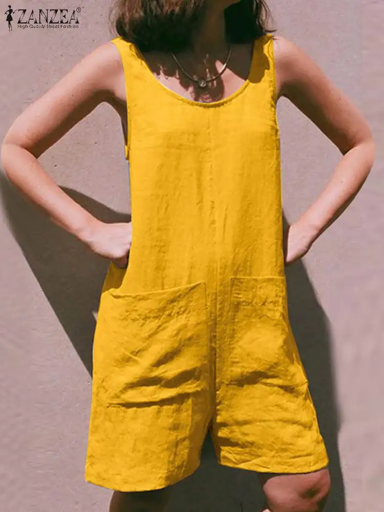 

Women Sleeveless Short Rompers ZANZEA Holiday Solid Color Round Neck Playsuit 2023 Summer Big Pocket One-Piece Shorts Oversized