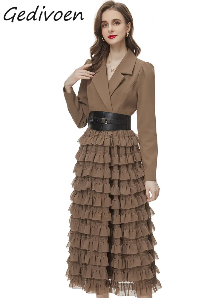 

Gedivoen Autumn Fashion Designer Russet Vintage Spliced Dress Women's Lapel Button Ruffles Sashes Gathered Waist Slim Long Dress