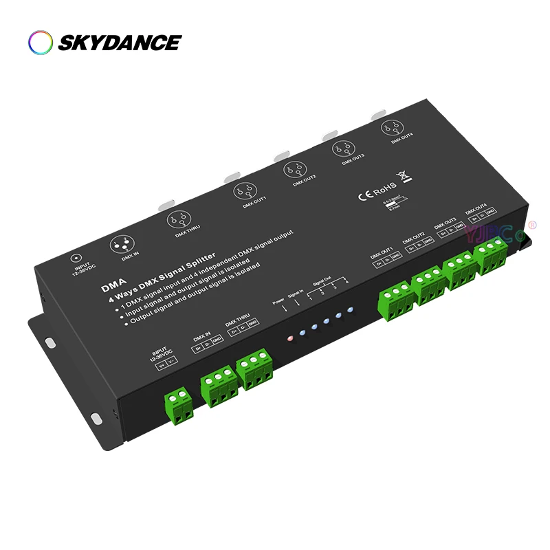 4 channels DMX Signal Splitter DMA 12V-36V 24V 4CH DMX 512 Amplifier Repeater Work DMX Master Input and output optical isolation apo x electric adjustment ppm signal input four independent channels to control the motor 3a per channel