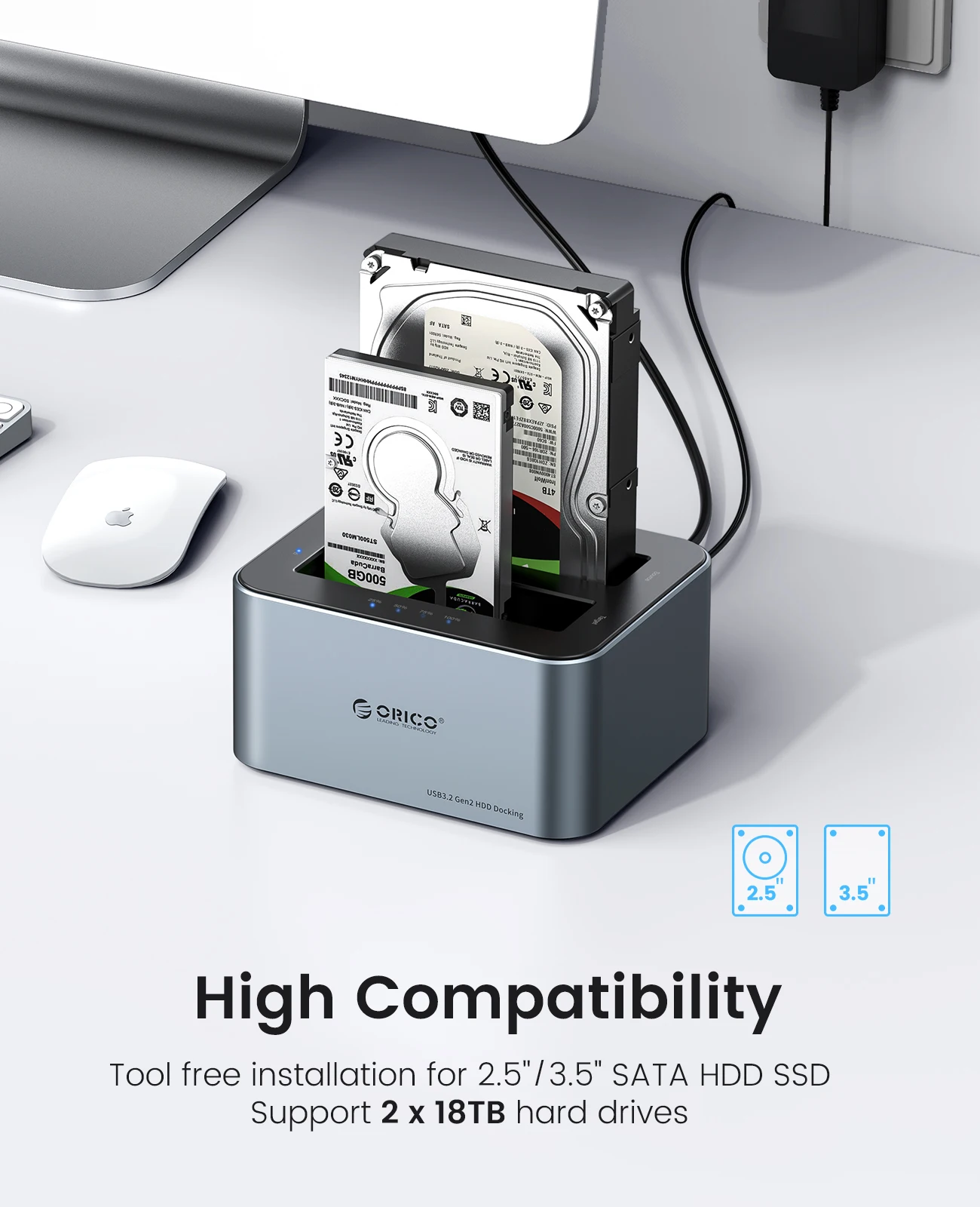 ORICO Aluminum Dual-bay Hard Drive Station Type-C 10Gbps Offline Clone 2.5/3.5