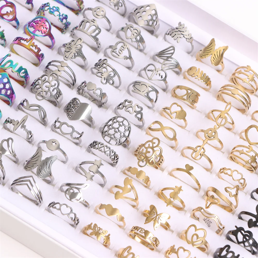 10Pcs/Lots Fashion Stainless Tainless Hollow Love Flower Animal Etc Mix Style Jewelry Rings For Women(4 Colors Free Choose)
