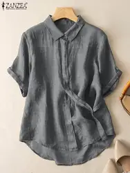 ZANZEA Summer Casual Holiday Tops Woman Short Sleeve Lapel Neck Shirt Female Fashion Solid Color Blusas OL Work Blouse Oversized