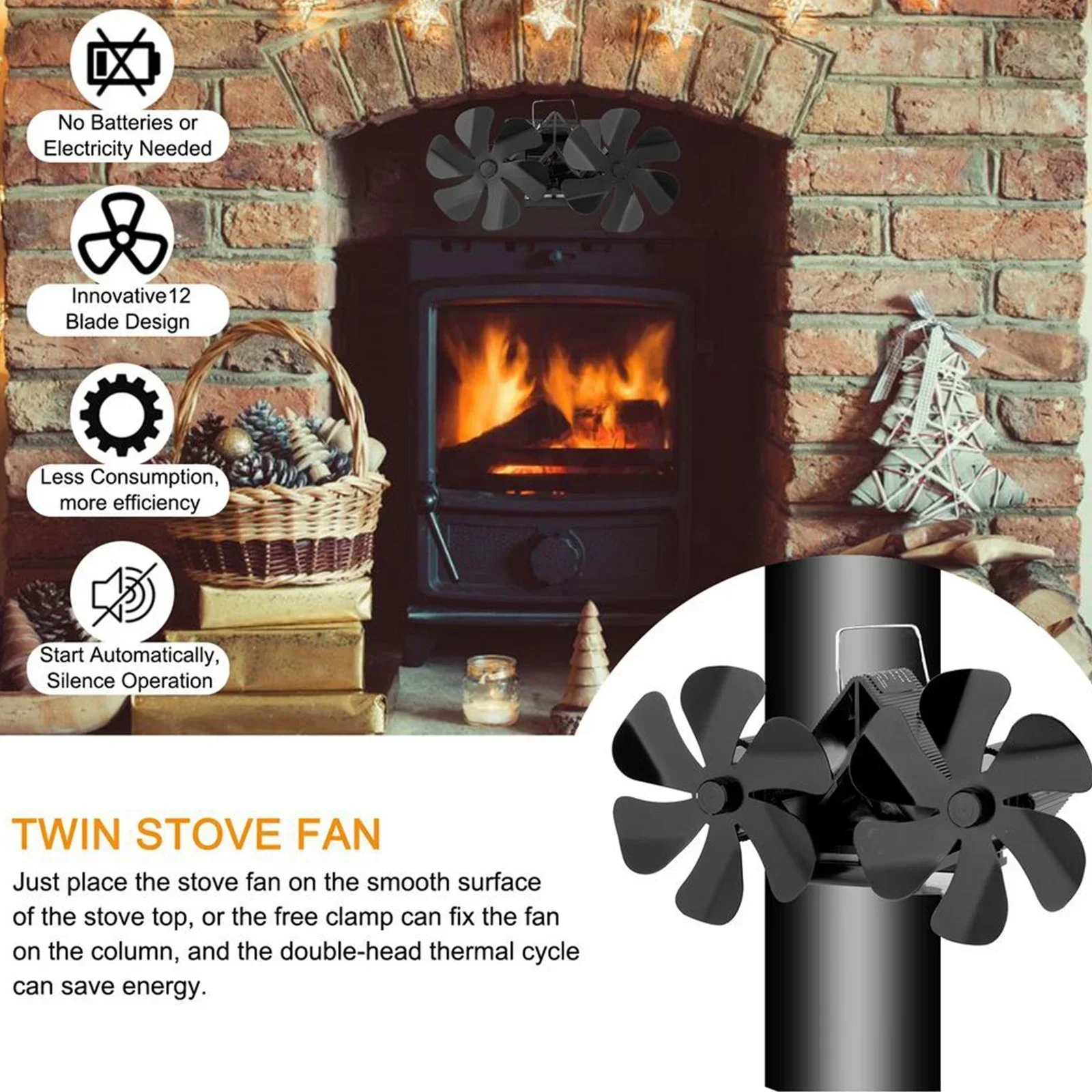12 Blades Wall-Mounted Heat Powered Stove Fan Fireplace Fan Double Head 12 Blade Furnace Wall Mounted Unpowered Operation