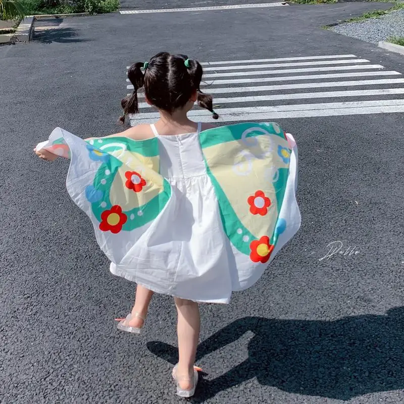 

Cotton Butterfly Floral Girls Dress Summer 2022 Sweet Style Wing Sleeved Loose A-Line Princess Kids Children Clothing