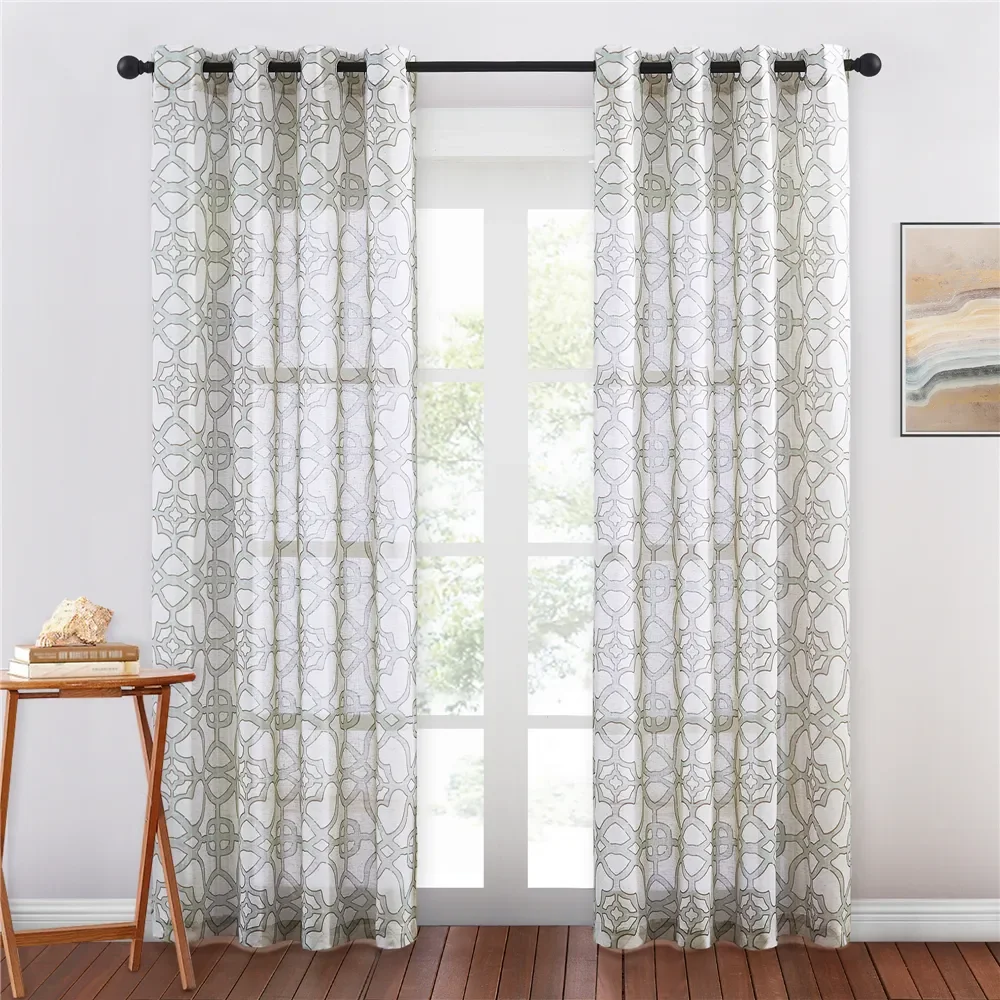 

RYBHOME Linen Sheer Curtains - Plaid Textured Pattern Privacy Semi Sheer Curtains Light & Airy for Bedroom Dining Living Room