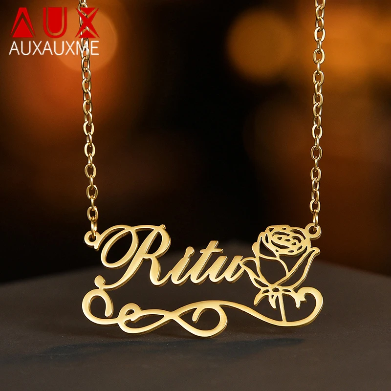 

Auxauxme Custom Rose Name Necklace Stainless Steel For Women Trendy Nameplate Choker Jewelry Gifts