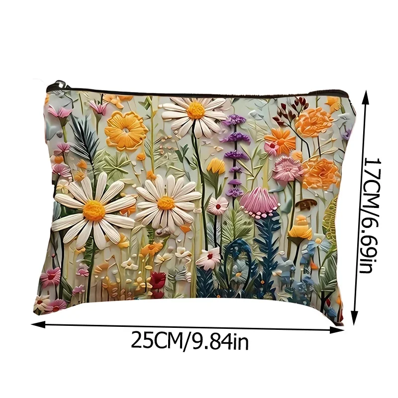 Flower Printed Canvas Cosmetic Bag, Large Capacity Wash Bag, 3D Portable Makeup Travel Bag, Double Sided Print Cotton and Linen