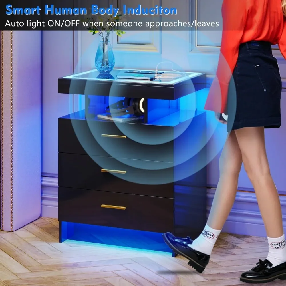 Nightstands Wireless Charging Station Auto Sensor 3 Color Dimmable LED Night Stand Bedside Table 3 Drawers