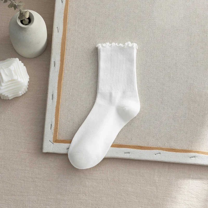 1/6 par/lote calcetines de longitud media con volantes para mujer conjunto de Color sólido transpirable calcetines cómodos que absorben el sudor para primavera y otoño para niñas