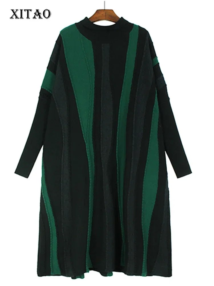 

XITAO Full Sleeve Knitting Dress Half High Collar Fashion Contrast Color Loose Casual All-match Women Pullover Dress ZZ0275