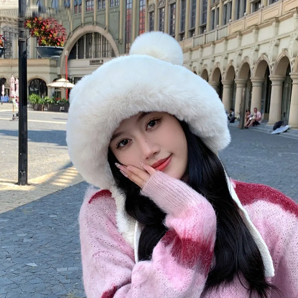 

Cute Velvet Bear Hat Thickened Winter Fluffy Bucket Hat Soft Warm Plush Ear Protection Hat Women