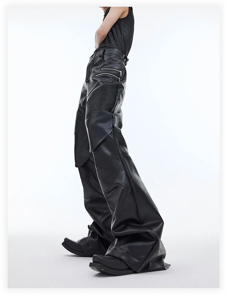 Description Picture 6 of itemIEFB Metal Zipper Men's PU Leather Pants Punk Patchwork Solid Color Male Light Flare Trousers Personality Spring New Chic 9C4729