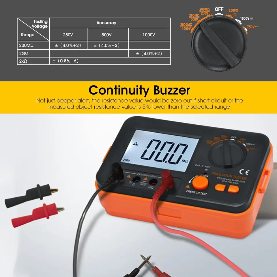 WapoRich Digital-Isolationswiderstandstester RQ-6688B – 250/500/1000/2500/5000 V, 0,1 MΩ–200 GΩ, Mit Datenaufzeichnung