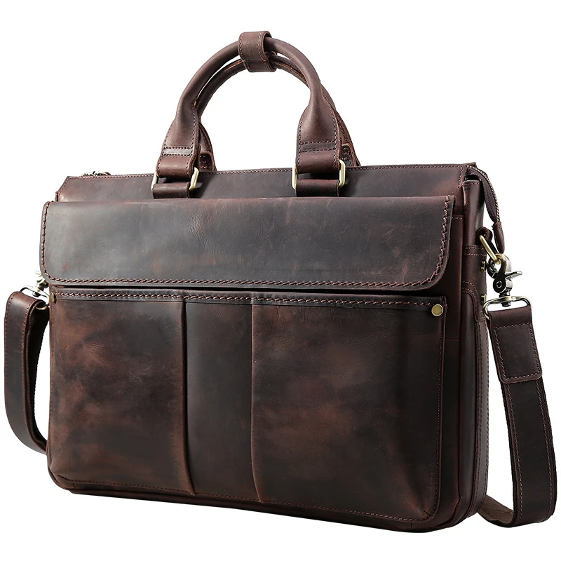 Vintage A4 Brown Genuine Crazy Horse Leather Executive Men Briefcase 