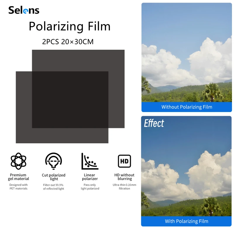 Selens 30*20CM Adhesive Linear Polarizing Film Adhesive Polarized Sheets Linear Polarizing Photography Filter Photography Props