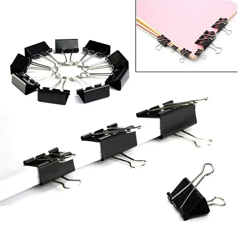 10PCS Metal Paper Clip 15/19/25/32mm Foldback Metal Binder Clips Black Grip Clamps Paper Document Office School Stationery