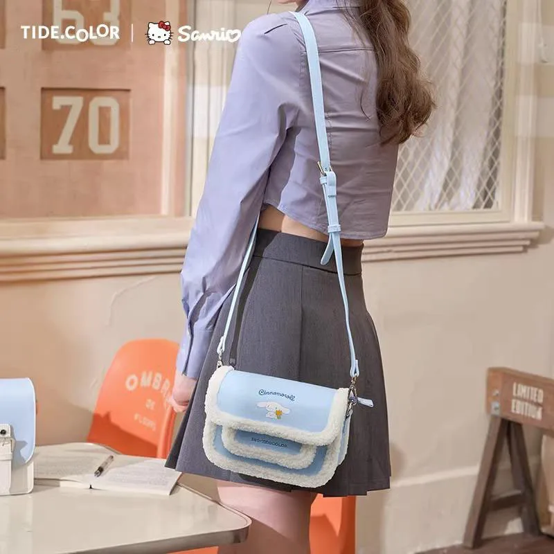 

New Cinnamoroll Bag Sanrio Anime Kawaii Kuromi Temperament Girl Lambs Wool Raw Edge Shoulder Bag Daily Commuter Handbag Gift