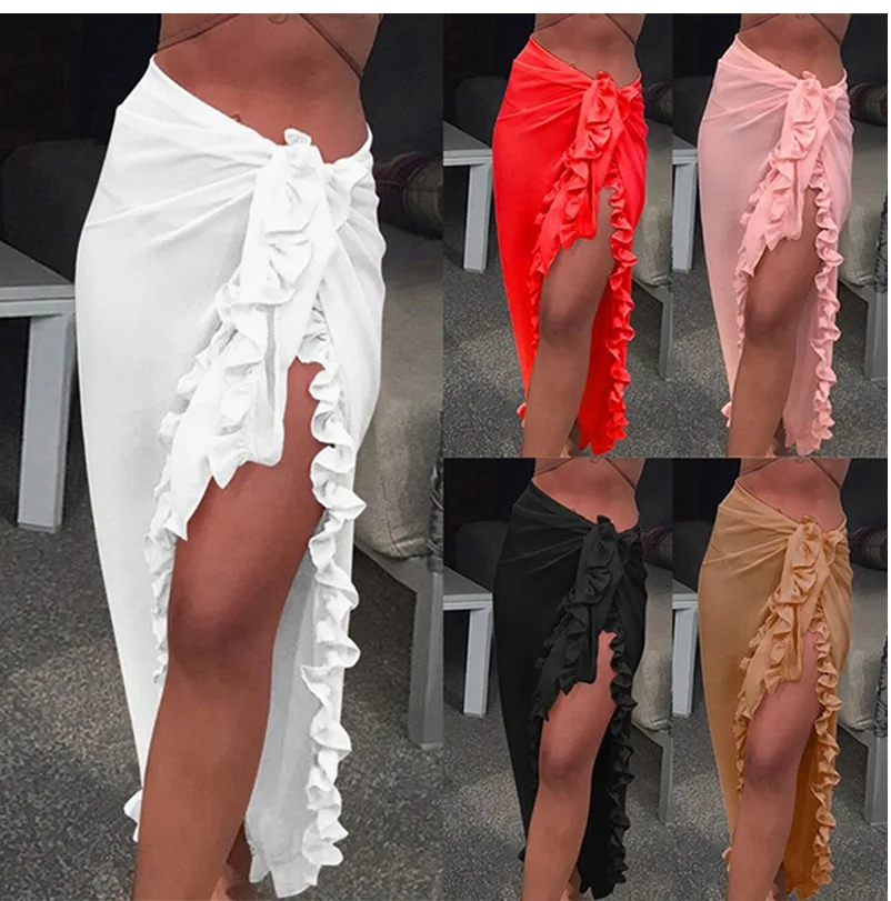 Swimsuit Cover Up Women Sunscreen Half Dress Sexy Chiffon Swimwear Cover Up Ruffle Solid See Through Summer Kaftan Sarong Beach Long Half Dress