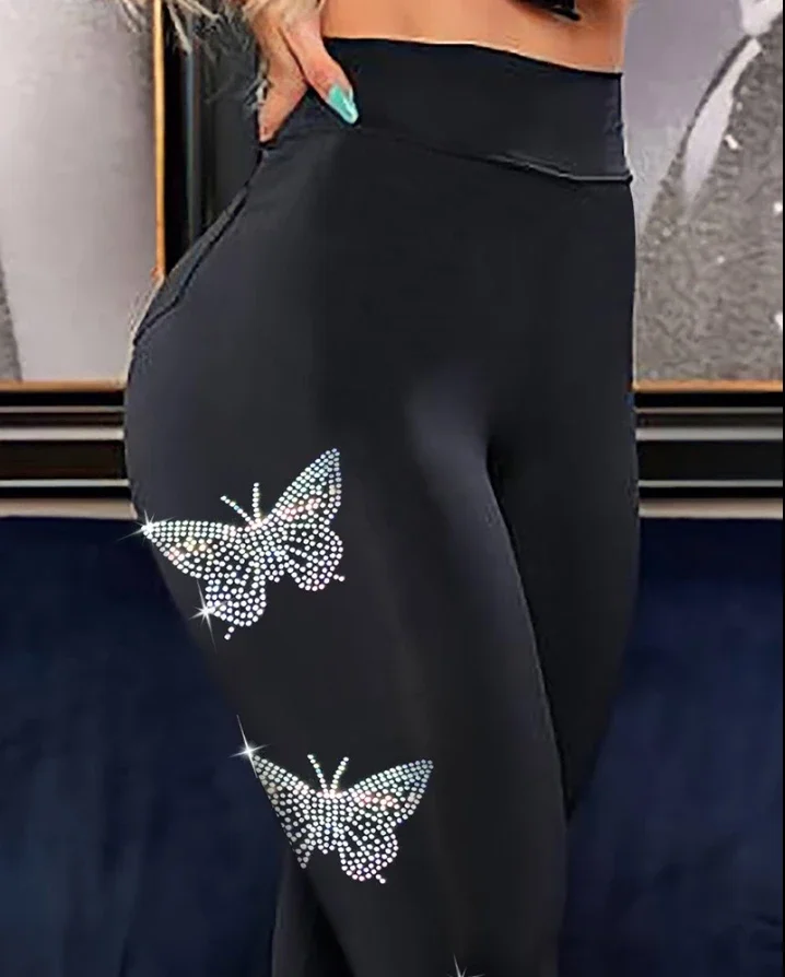 Rhinestone Butterfly Pattern High Waist Skinny Pants Personality Europe and America Fashion Women's Clothing 2023