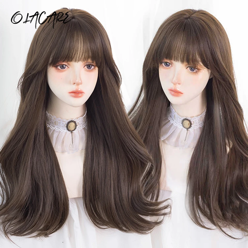 Brown Synthetic Long Deep Wave Wig For Women With Bangs