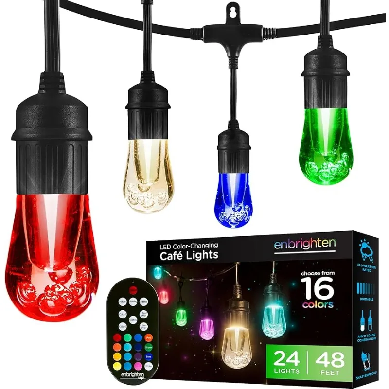 

48ft Black Cord, 24 Shatterproof Acrylic Bulbs, Weatherproof, Remote Control, Dimmable RGB LED, Outdoor String Lights, 37790