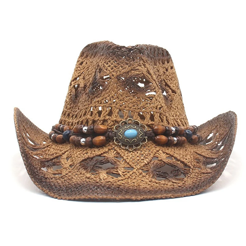 Combhasaki Y2K Retro Cowboy Hat Creative Curled Straw Hollow Design Ethnic Style Beads Chain Decoration Shade Straw Hat
