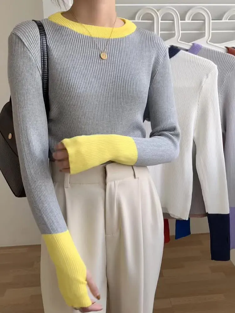 

Women Knitting Sweaters Autumn Winter Patchwork Vintage Pullover Femme Round Neck Slim Sweater Mujer 2022 Basi Long Sleeve Top