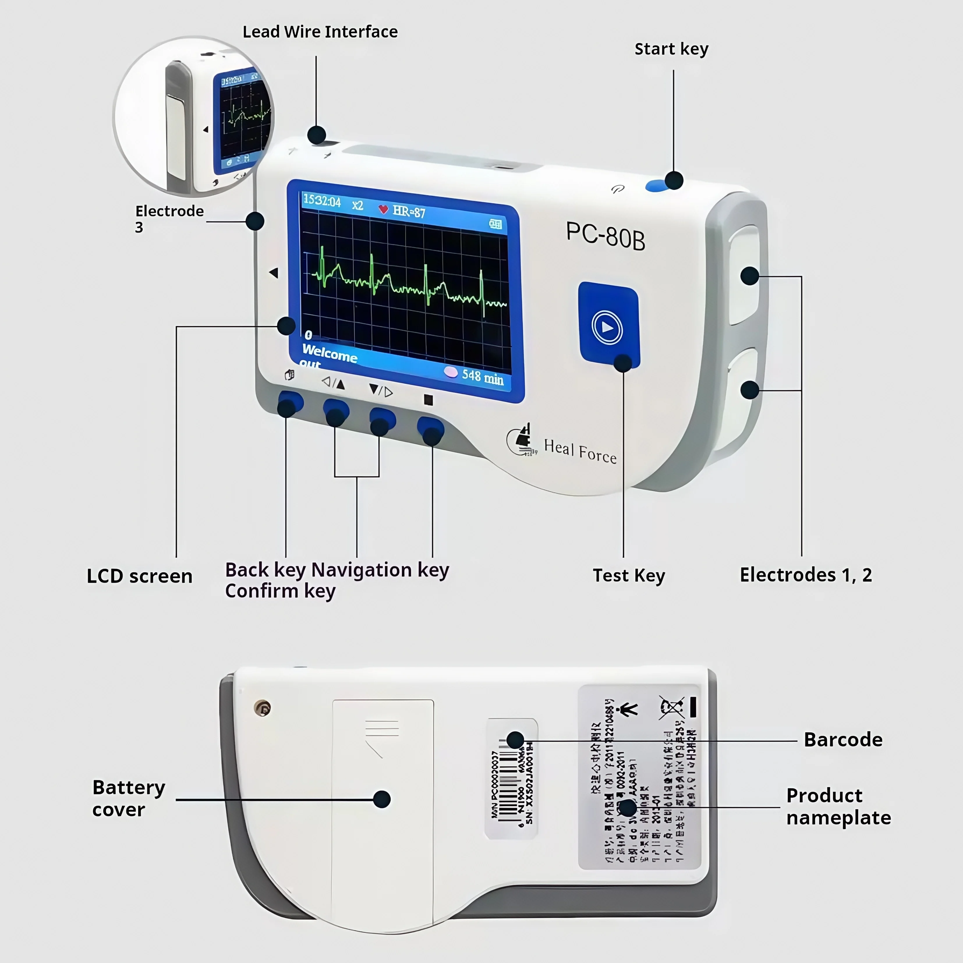 Handheld dynamic electrocardiogram monitor, heart rate monitor, LED display, Bluetooth electrocardiogram APP to view