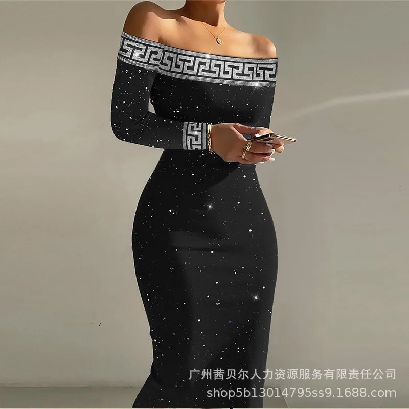 

Wepbel Lace Stitching Bodycon Dress Women Slash Collar Off Shoulder Long Sleeve Tight Dress Sexy High Waist Sheath Midi Dress