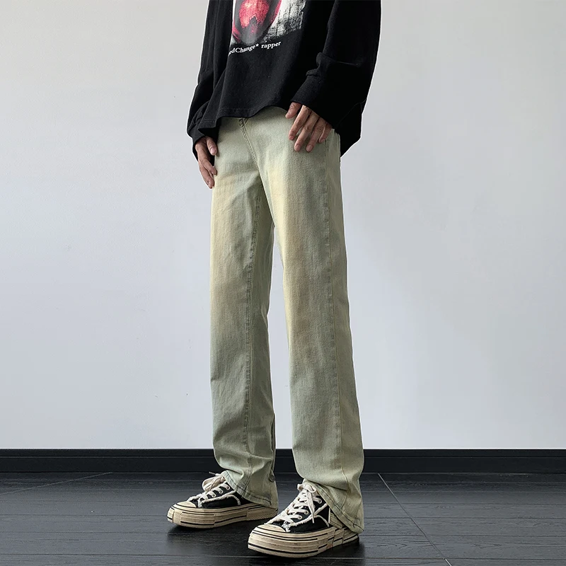

Street Punk Distressed Jeans Men Vintage Wash Solid Color Hip Hop Denim Trouser Mens Casual Slim Fit Denim Pants Yellow Mud