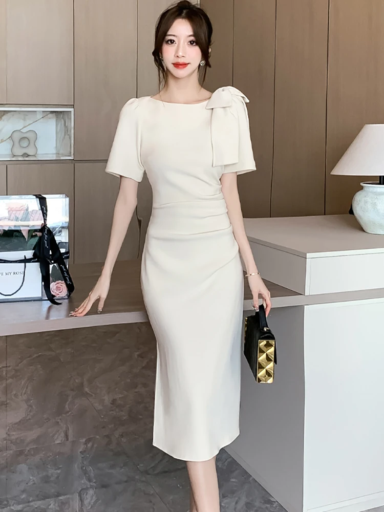 White-Elegant-Chic-Bow-Short-Sleeve-Midi-Dress-for-Women-Summer-Black ...