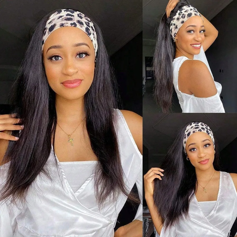 200% Density Glueless Headband Wigs - Super Long Straight Headband Wig Human Hair Natural Black Color Wig with Headband