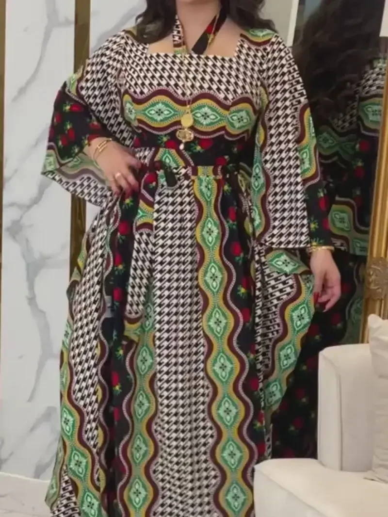 Muslim Middle East Printed Kraftan Robes Vintage Flare Sleeves Halter Elegant Women Dubai Abaya Party Dresses